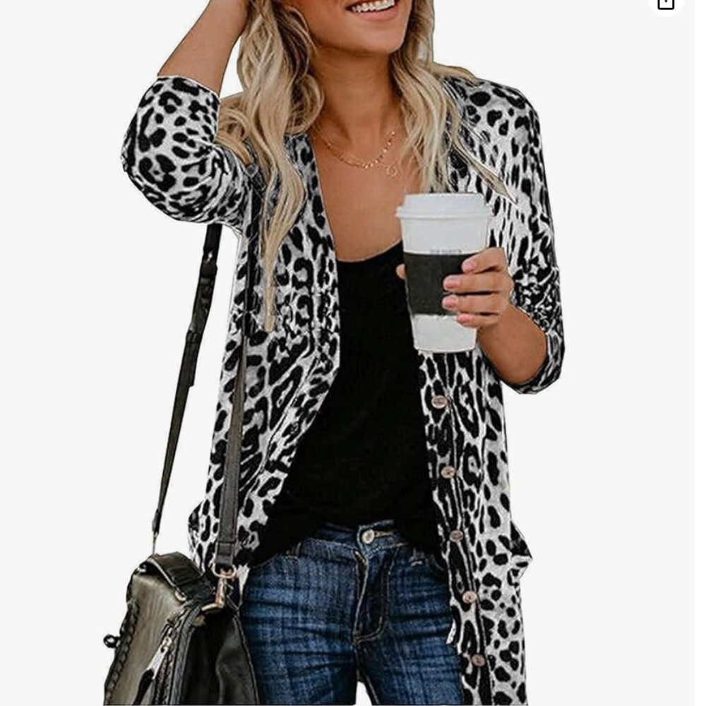 Leopard Print Button Down Cardigan Long Shirt Wit… - image 1